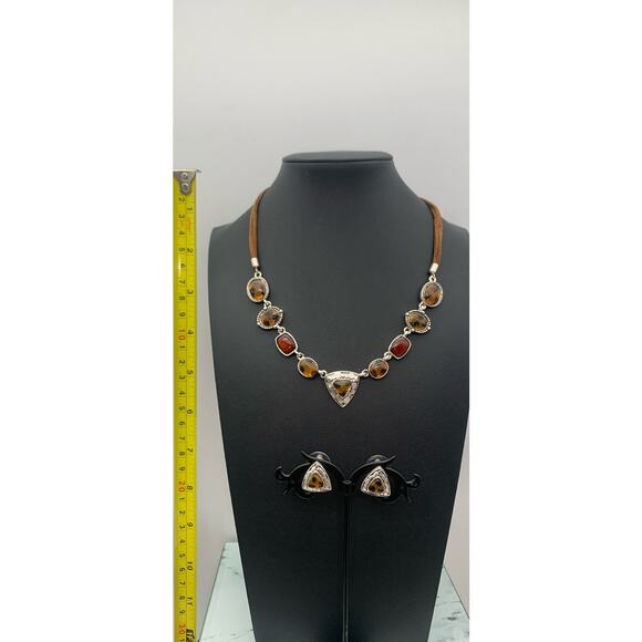 Silver Tone & Faux Tortoise Shell Fall Colors Necklace Leather Cord & Earrings - Picture 2 of 7